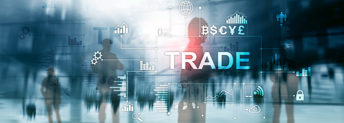 Stock trading candlestick chart and diagrams on blurred office center background.