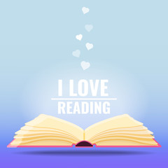 Open book flying in the air. I love reading, books concept. Romantic reading. Vector illustration