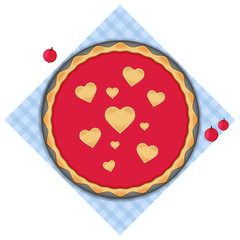 Pie for Valentines Day, berry cake with decorations of hearts symbol. February 14 concept. Cooking with love. Vector illustration