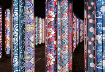 Kimono Forest (Yuzen) , pattern of kimono textile in gorgeous cylinder-shaped pillars , Arashiyama, Kyoto City, Japan. old tradition idea
