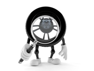 Car wheel character looking through magnifying glass