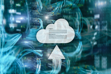 Cloud storage, data access, login and password request window on server room background. Internet and technology concept.