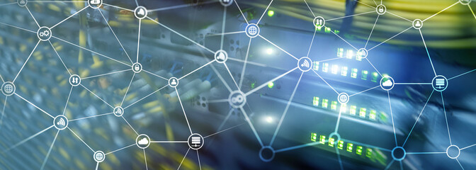 Telecommunication concept with abstract network structure and server room background.