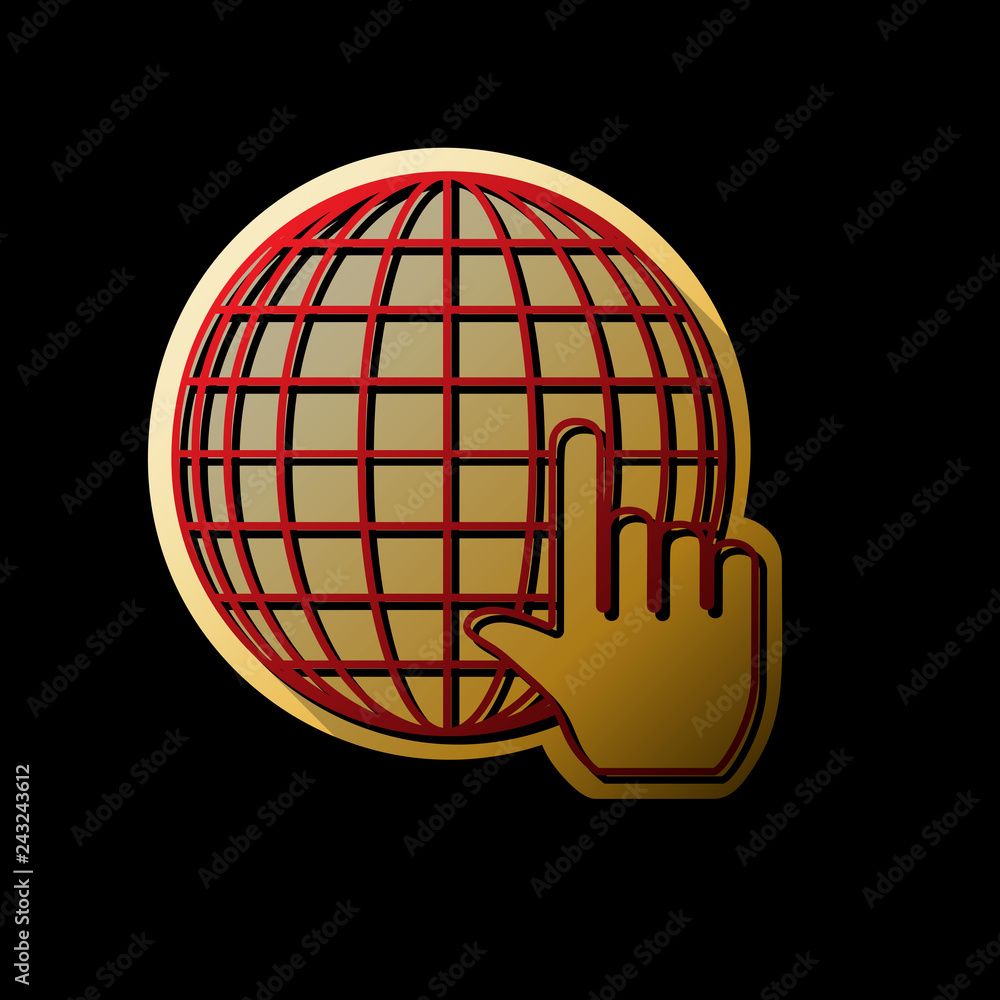 Poster earth globe with cursor. vector. red icon with small black and l
