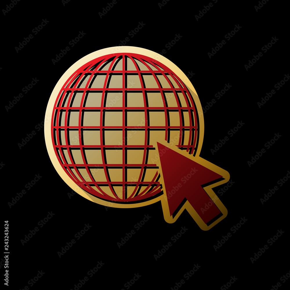 Poster earth globe with cursor. vector. red icon with small black and l