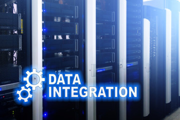 Data integration information technology concept on server room background.