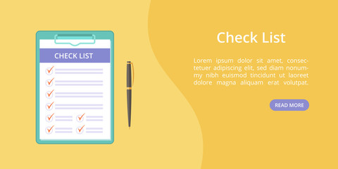 Check list on clipboard with pen landing page concept. Website page vector template, checklist on board with clip. Online check list service landing concept yellow illustration with pen and clipboard