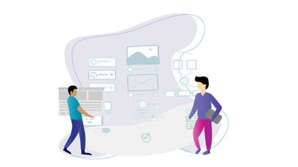 Sets of male office workers talk to each other. Business people or clerks communicate with colleagues, negotiate, make presentations. Flat flat cartoon vector illustration - Vector