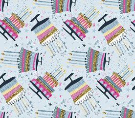 Vector seamless pattern with fireworks, confetti, birthday cake and candles.