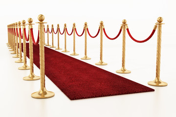 Velvet ropes and golden barriers along the red carpet. 3D illustration