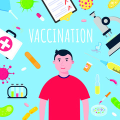 Kid vaccination banner concept flat style design poster. Child kid boy on it arounded with hospital equipment and medicines. Medical awareness flu disease day banner and vaccination kids concept.