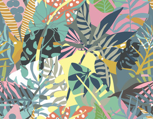 Vector seamless pattern with tropical plants and hand drawn abstract textures