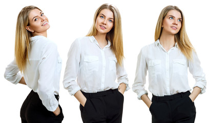 Collage of young business woman with blonde hair.