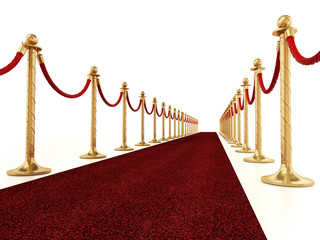 Velvet ropes and golden barriers along the red carpet. 3D illustration
