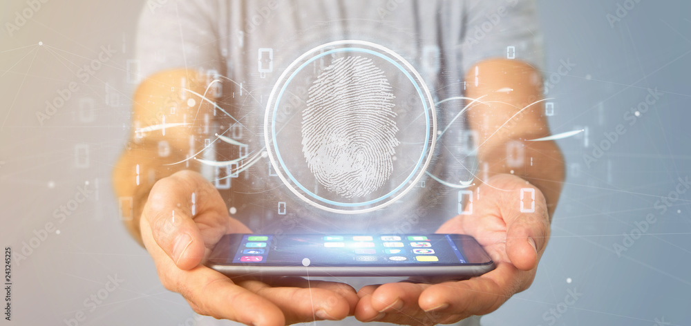 Poster businessman holding a digital fingerprint identification and binary code 3d rendering