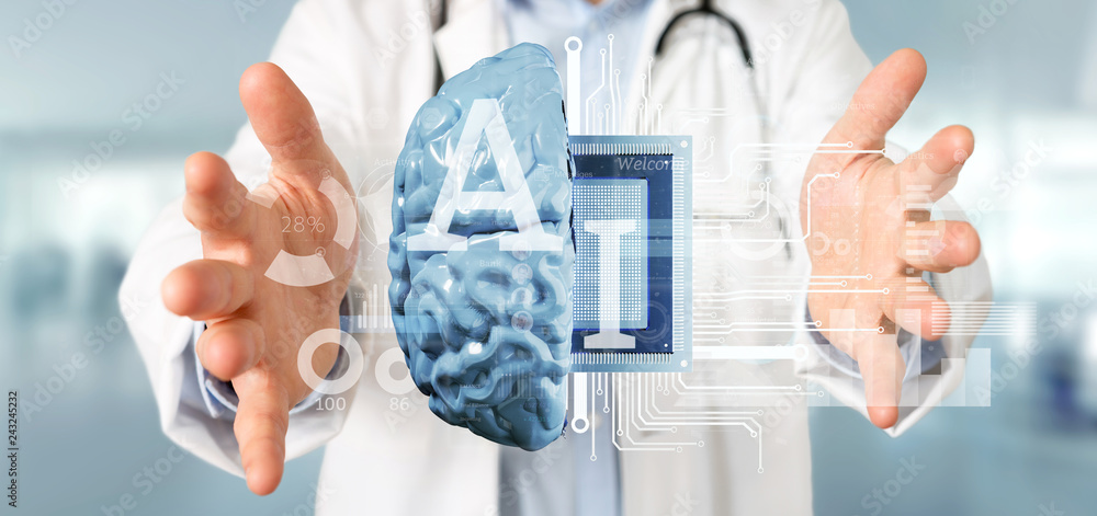 Poster doctor holding artificial intelligence icon with half brain and half circuit 3d rendering