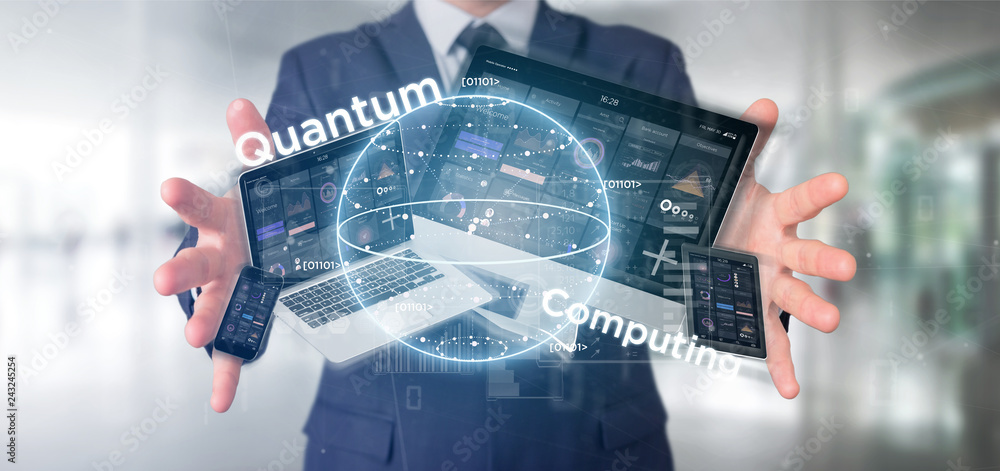 Poster businessman holding quantum computing concept with qubit and devices 3d rendering