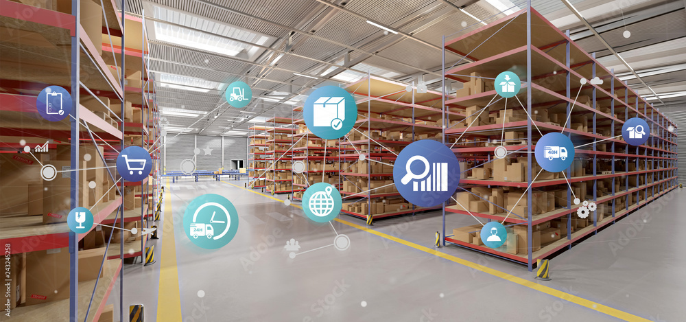 Poster logistic organisation on a warehouse background 3d rendering