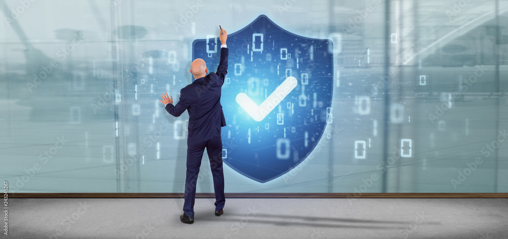 Poster man holding a shield web security concept 3d rendering