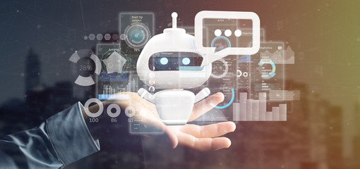 Businessman holding Chatbot with binary code, message and data 3d rendering