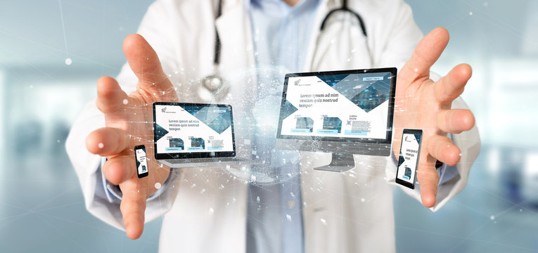 Doctor holding a Devices connected to a global business network 3d rendering