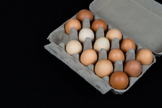 Fourteen chicken eggs in a carton box, isolated on black mat background