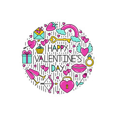 Happy Valentine's Day lettering. Set of valentine's day symbols enclosed in a circle shape. Valentines day icons. Symbols of love - heart, arrow, valentine, gift, lips, rose, ring, rainbow,strawberry.