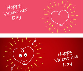 Set banner with Heart on a dark red and pink background. Yellow rays of the sun and cupid arrows. Postcard for Valentine s day with empty place under the text. 