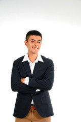 MEN BUSINESS WITH MOBILE PHONE OR CREDIT CARD IN WHITE BLACKGROUND