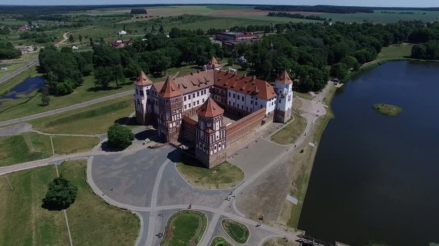 BELARUS, MIR - 2018: Landscape, aerial view of the medieval castle, mir castle view from height, in Belarus.
