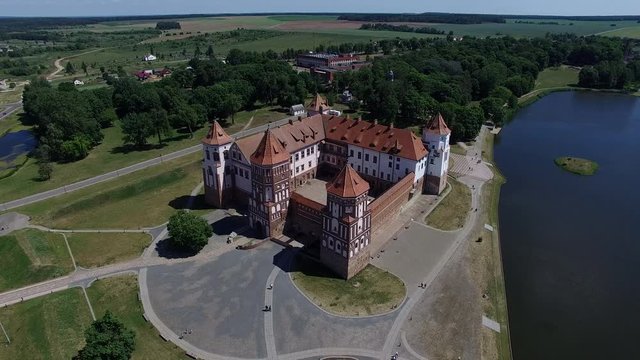 BELARUS, MIR - 2018: Landscape, aerial view of the medieval castle, mir castle view from height, in Belarus.