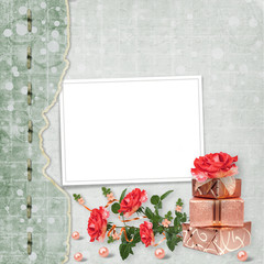 Holiday card with gift boxes, pearls and bouquet of beautiful red roses on green paper background