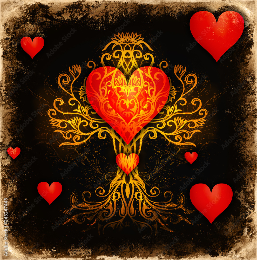 Poster tree of life symbol on structured ornamental background with heart shape, flower of life pattern, yggdrasil.