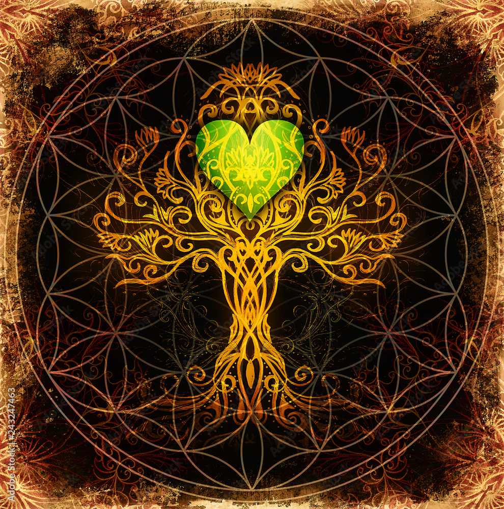 Poster tree of life symbol on structured ornamental background with heart shape, flower of life pattern, yggdrasil.