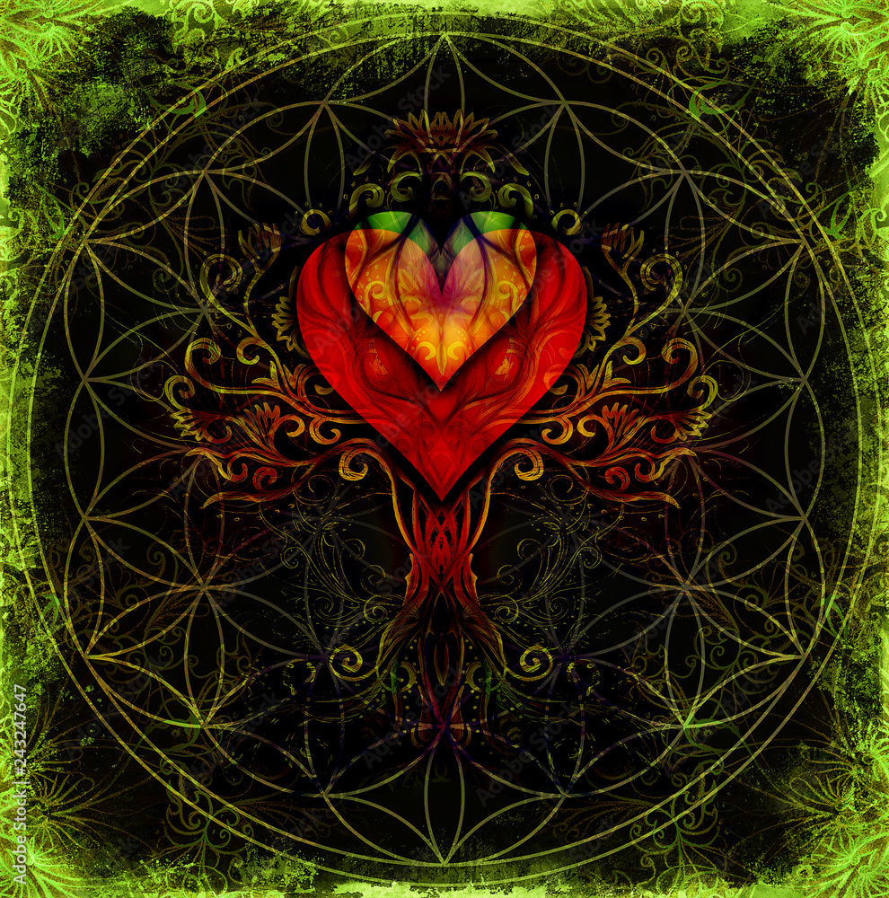 Poster tree of life symbol on structured ornamental background with heart shape, flower of life pattern, yggdrasil.