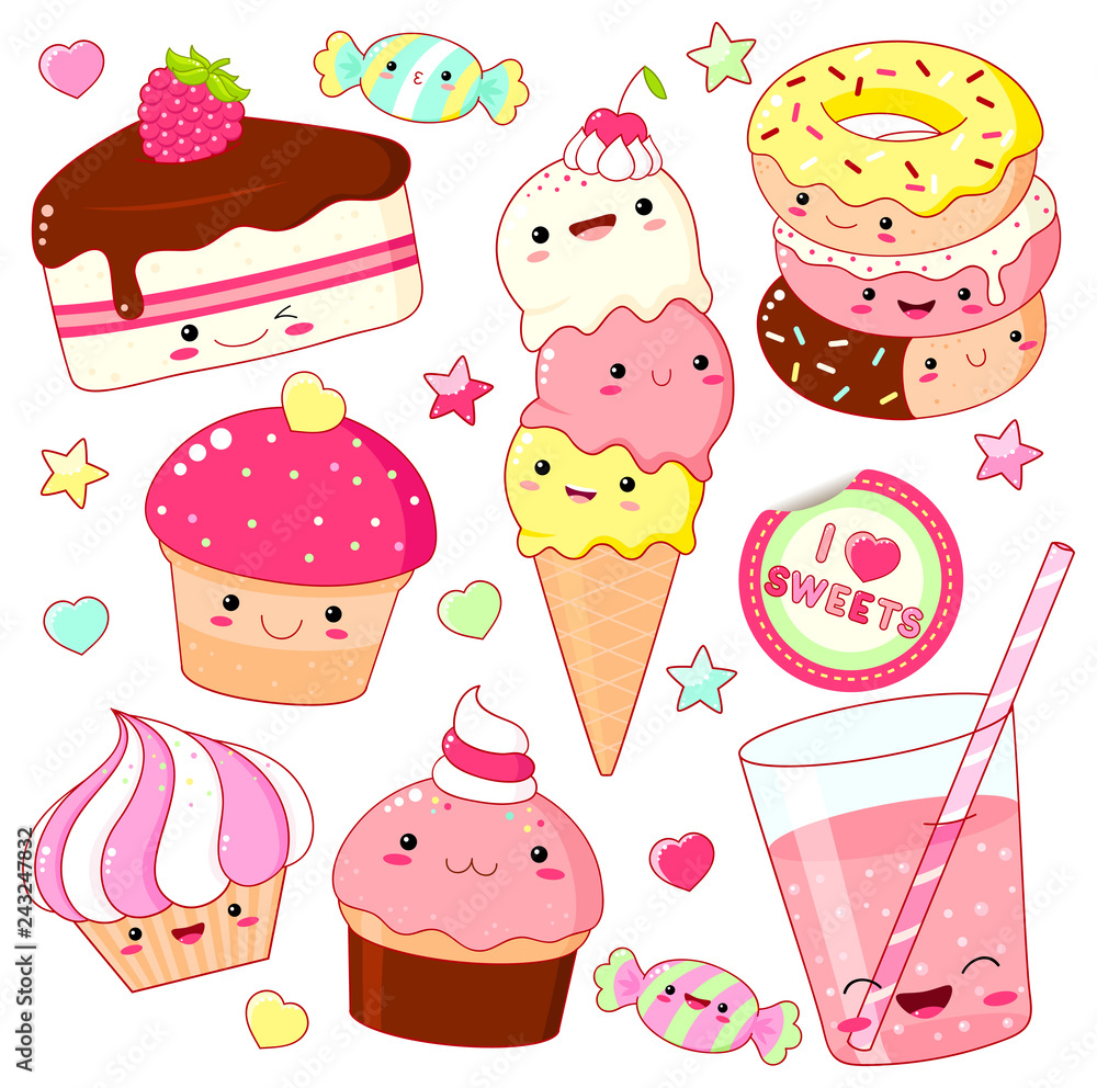 Wall mural set of cute sweet icons in kawaii style