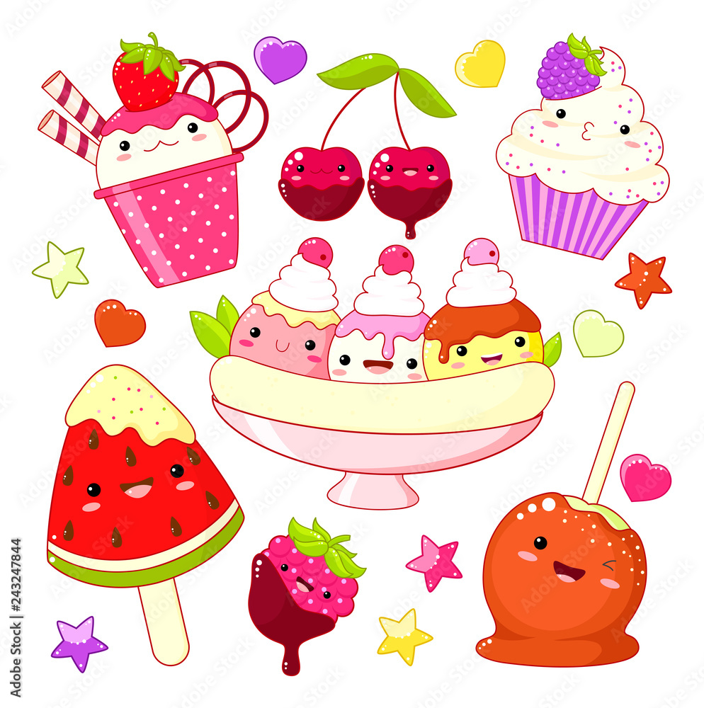 Wall mural Set of cute sweet icons in kawaii style