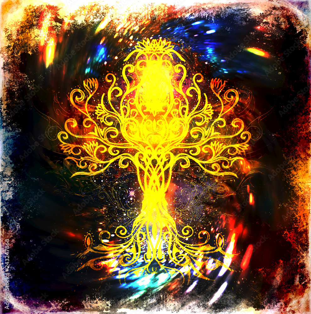 Aufkleber tree of life symbol on structured ornamental space background, flower of life pattern, yggdrasil.