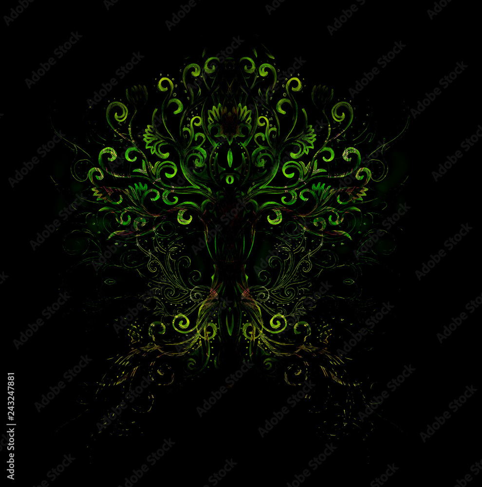 Poster tree of life symbol on structured ornamental background, flower of life pattern, yggdrasil.