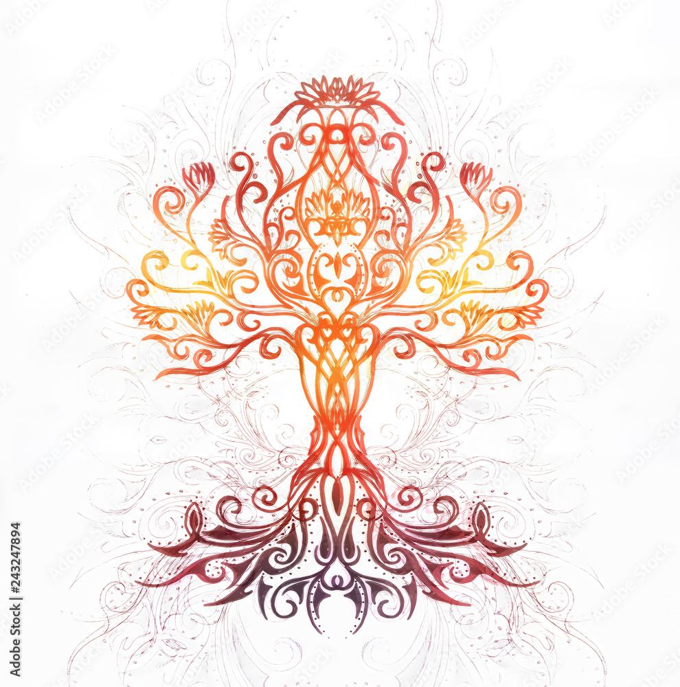 Poster tree of life symbol on structured ornamental background, yggdrasil.