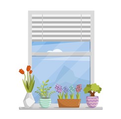 Window illustration with flowers in pots vector background