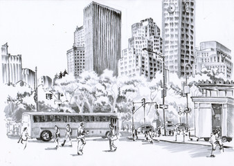 NY. Road with pedestrians. Urban sketch with gray markers.