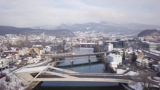 Swiss City Olten Winter wooden bridge railway station
