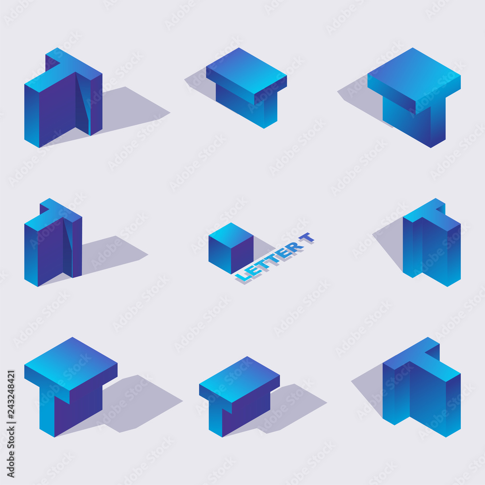 Poster vector collection with isometric 3d blue letters t or te of cyrillic script in various foreshortenin