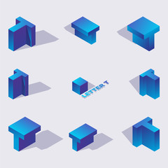 Vector collection with isometric 3d blue letters T or Te of cyrillic script in various foreshortening. 3d alphabet elements drawn with vivid gradients