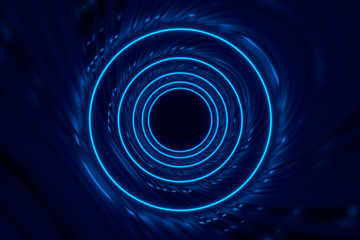 Round tunnel with reflective walls and neon circle illumination 3D Illustration