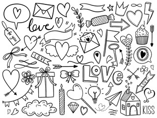 Valentines day doodle set, objects for concept and design, vector illustration flat. Heart, key, bow, crown, sweets, love letter on white background. © ArinaKram