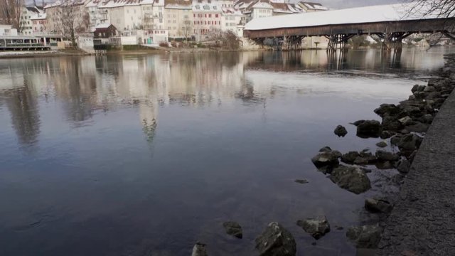 Swiss City Olten Winter wooden bridge railway station