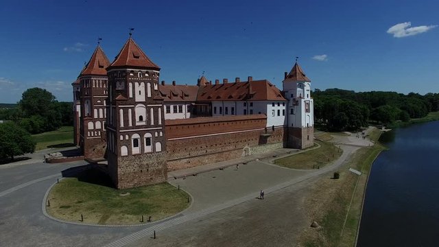 BELARUS, MIR - 2018: Landscape, aerial view of the medieval castle, mir castle view from height, in Belarus.