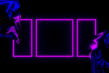 Shiny flowing fabric in neon lighting rectangle frame 3D illustration